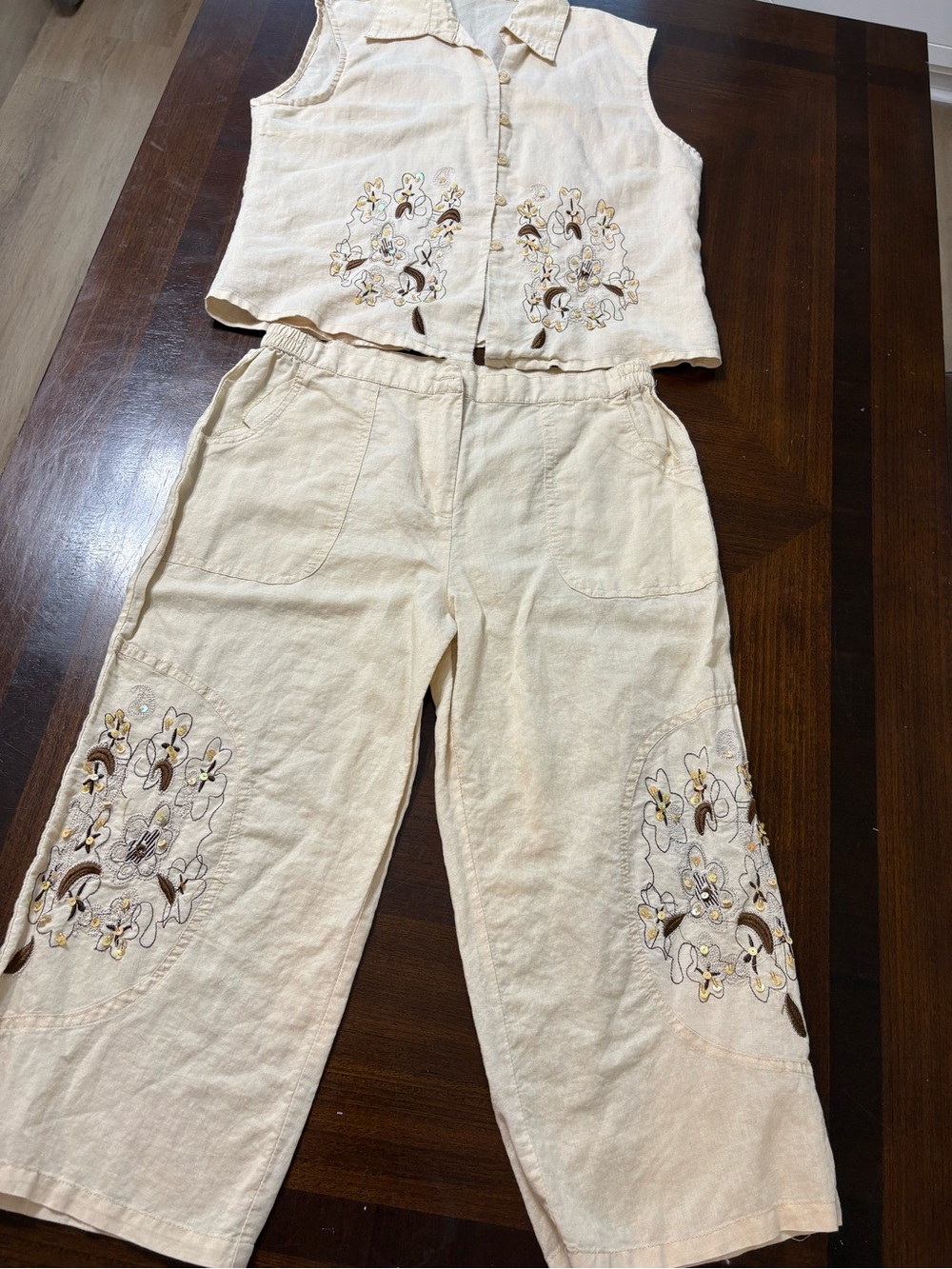 Vintage Y2K Women’s Cream/Ecru Embroidered Wide-Leg Pants & Sleeveless Top Set